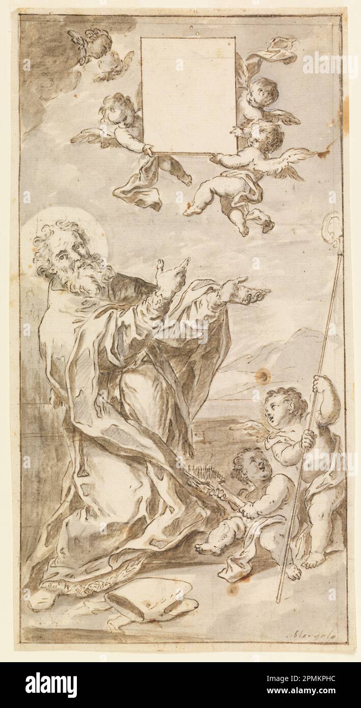 Zeichnung, Bild von St. Blaise; Francesco Saverio Mergolo (Italienisch, 1746–1786); Süditalien; Pinsel und graue Aquarelle, Stift und schwarze Tinte, Graphit auf Papier; 28,9 x 15,4 cm (11 3/8 x 6 1/16 Zoll) Stockfoto