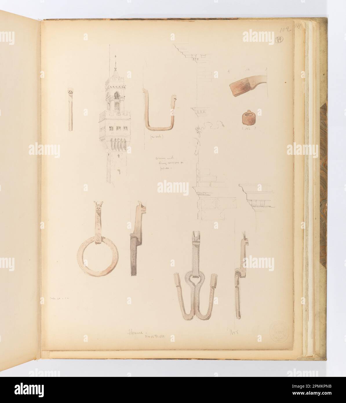 Album Page, Campanile of Palazzo Vecchio und Details der Eisenarbeiten, Florence; Whitney Warren Jr. (Amerikanisch, 1864–1943); Italien; Pinsel und Aquarell, Graphit auf dickem cremefarbenen gewebten Papier, das mit Stoff verbunden ist; 31,2 x 23,9 cm (12 5/16 x 9 7/16 Zoll), unregelmäßig Stockfoto