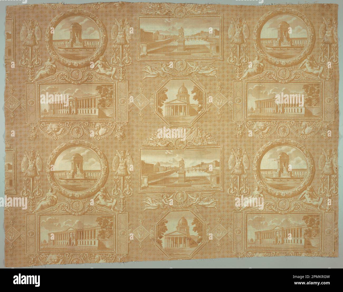 Fragment , Monumens de Paris; entworfen von Hippolyte Le Bas (1782-1867); Unternehmen: Oberkampf & Cie. (Frankreich); Gravur Leisner (1787 – 1857); Frankreich; Baumwolle; Warp x Weft: 101 x 135 cm (39 3/4 x 53 1/8 Zoll) Wiederholung H: 52 cm (20 1/2 Zoll); Bequest von Elinor Merrell; 1995-50-53 Stockfoto