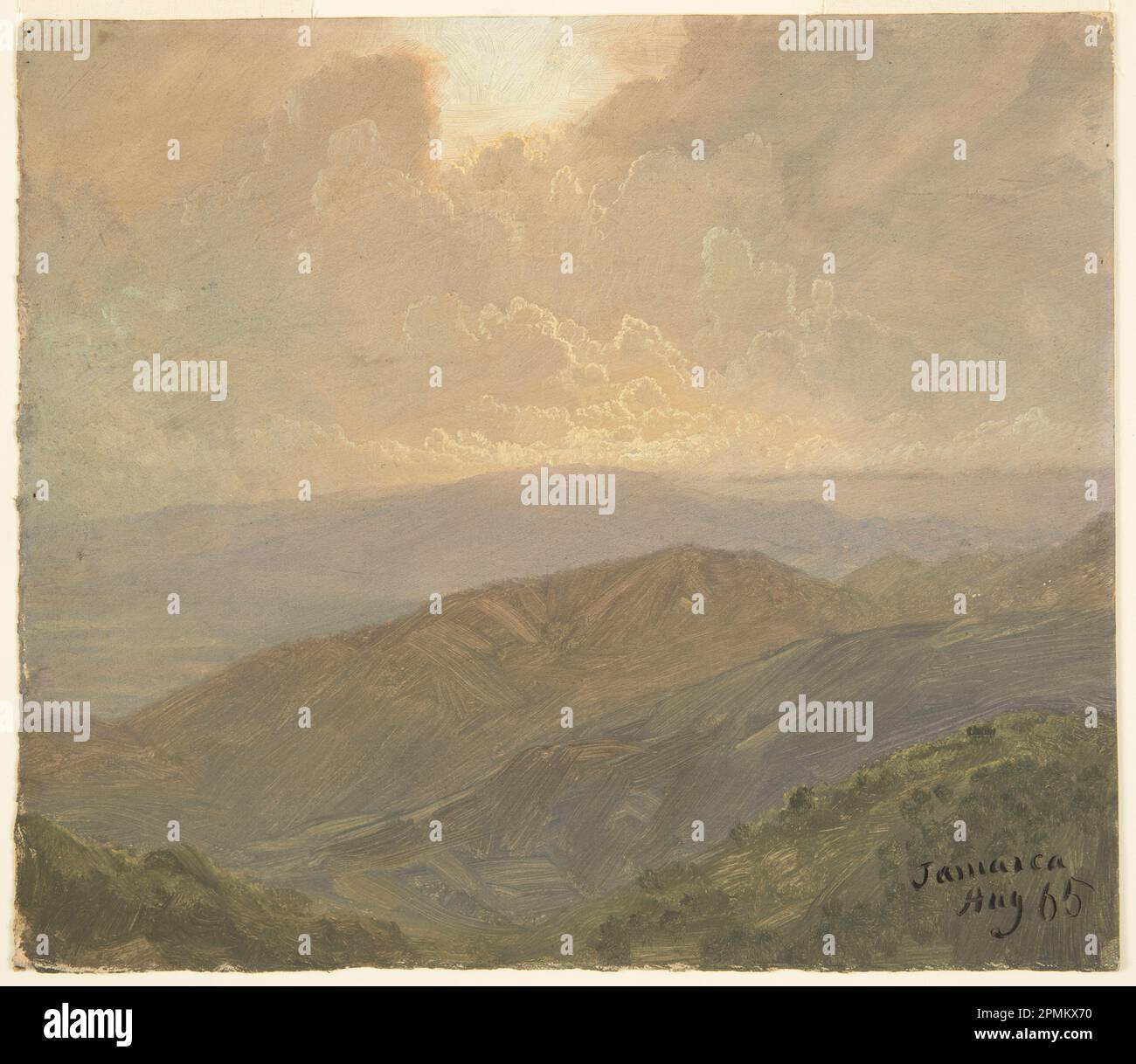 Zeichnen, Wolkenkratzer, Jamaika; Frederic Edwin Church (amerikanisch, 1826–1900); USA; Pinsel- und Ölfarbe, Graphit auf Pappe; 25 x 29 cm (9 13/16 x 11 7/16 Zoll) Stockfoto