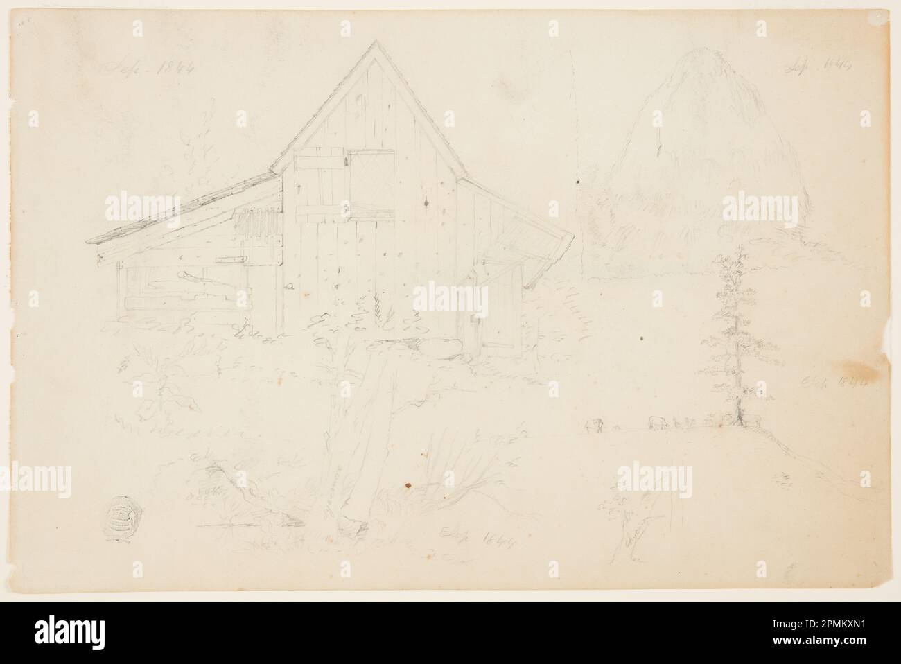 Zeichnung, Skizze einer Scheune und eines Heuhaufen; Frederic Edwin Church (amerikanisch, 1826–1900); USA; Bleistift auf weißem Papier; 25,8 x 38,8 cm (10 3/16 x 15 1/4 Zoll) Stockfoto