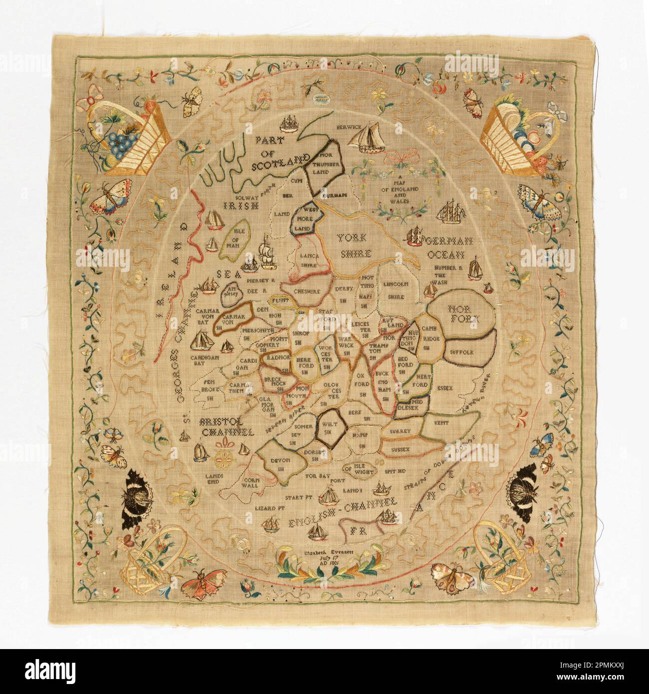 Map Sampler (England); bestickt von Elizabeth Evenett; Seidenstickerei, Wollbasis; 61,5 x 57,5 cm (24 3/16 x 22 5/8 Zoll); Bequest von Mrs. Henry E. Coe; 1941-69-30 Stockfoto