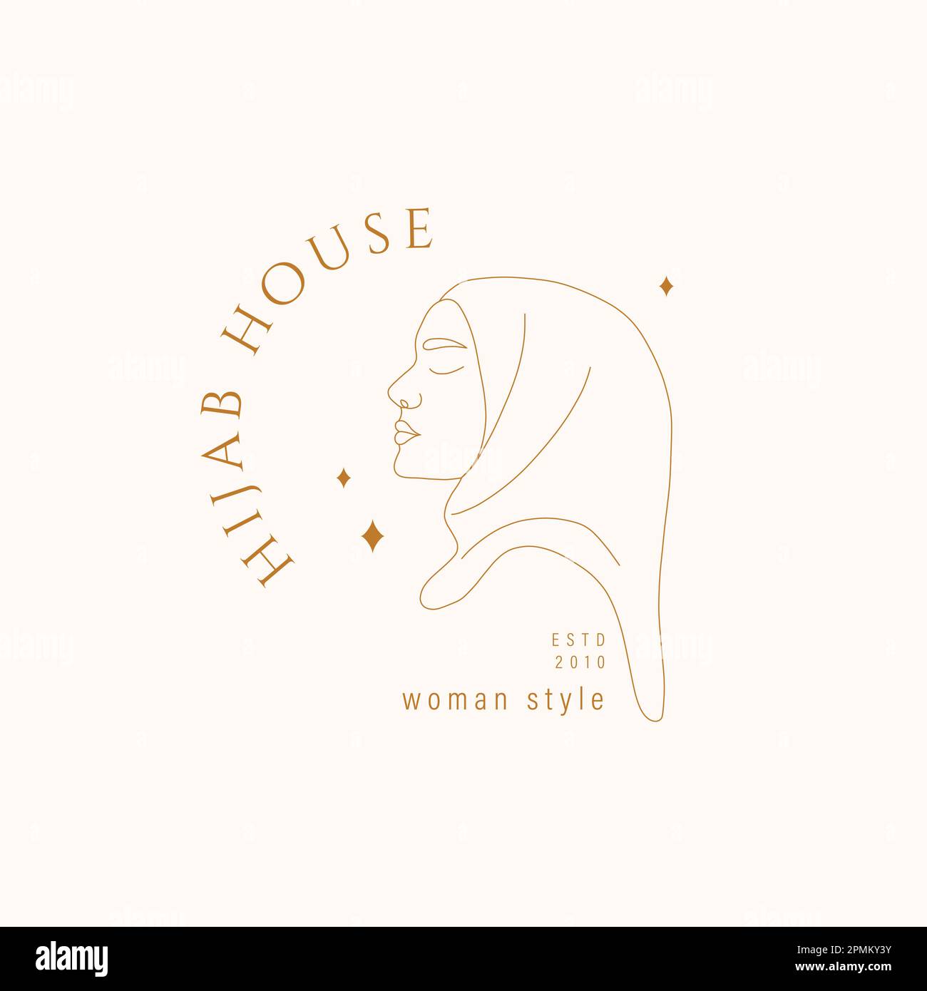 Logo für Hijab-Haus. Logotyp mit muslimischer Frau in linearem Stil. Kopfschmuck- oder Bekleidungsgeschäft. Moderne, handgezeichnete Vektordarstellung Stock Vektor