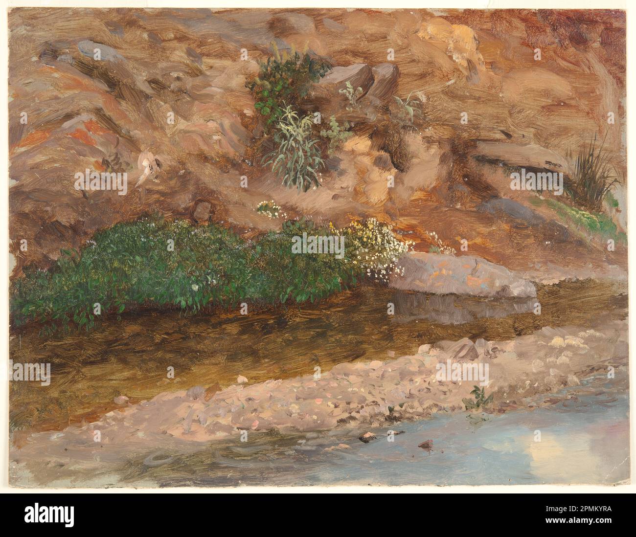 Zeichnung, Bank of a Stream; Frederic Edwin Church (amerikanisch, 1826–1900); USA; Pinsel- und Ölfarbe, Graphit auf Pappe; 25,5 x 33 cm (10 1/16 x 13 Zoll) Stockfoto