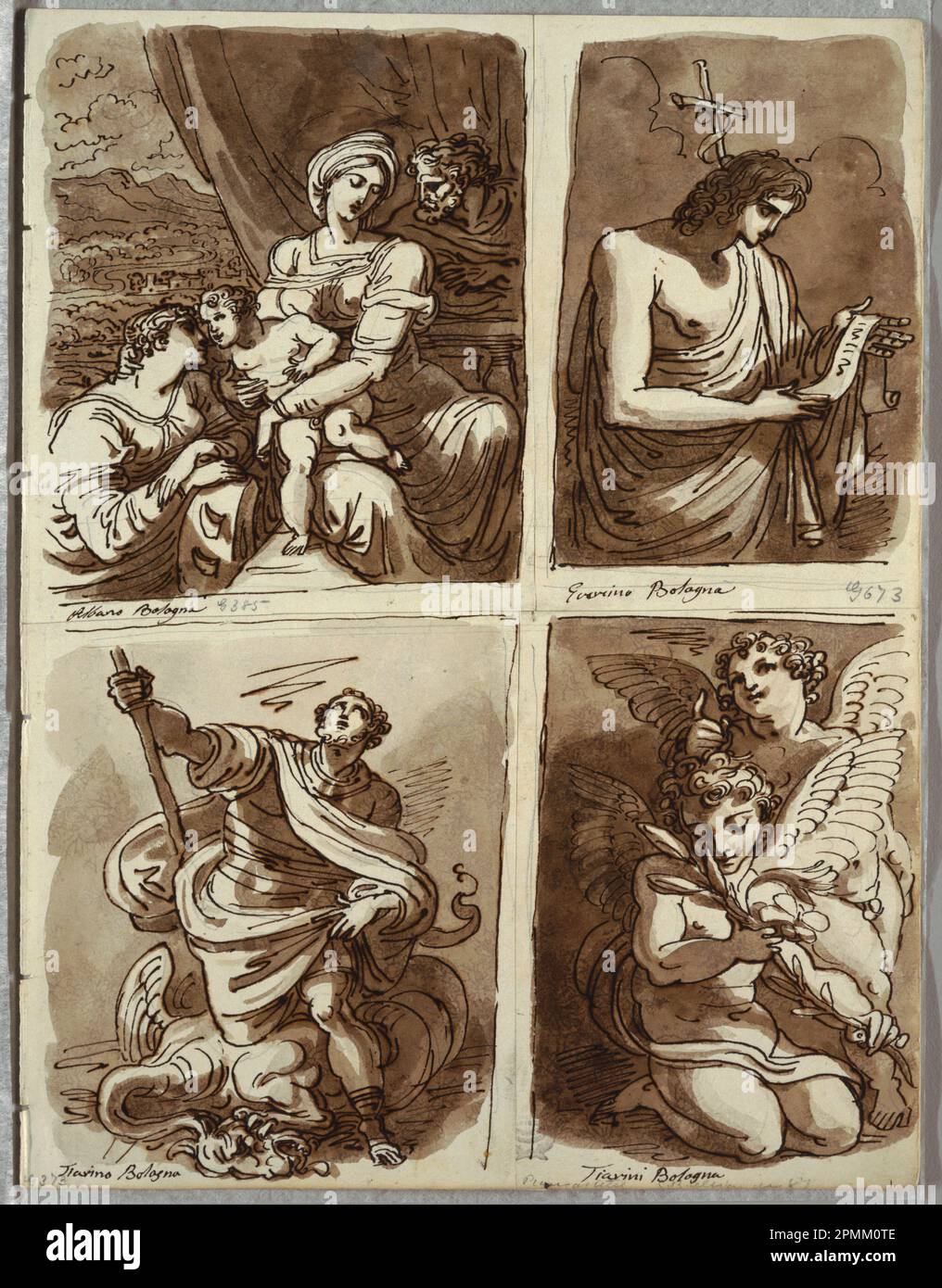 Skizzenbuch Folio, die Heilige Familie mit der Heiligen Katharina, St. John der Täufer, nach Guercino; St. George und der Drache, nach Alessandro Tiarini; Two Putti; entworfen von Felice Giani (Italienisch, 1758–1823); Italien; Stift und braune Tinte, Bürste und braunes Waschen, über Spuren von schwarzer Kreide auf weißem, schwerem gewebtem Papier; 30,7 x 23,3 cm (12 1/16 x 9 3/16 Zoll) Stockfoto