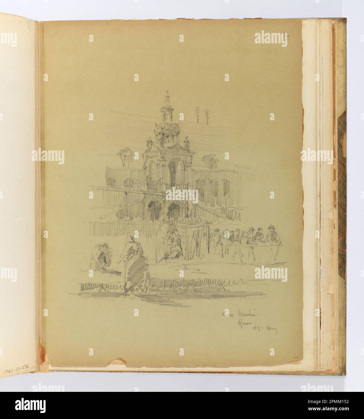 Album Page, Vieux Marché, Rouen; Whitney Warren Jr. (Amerikanisch, 1864–1943); Frankreich; Graphit auf grüner Pappe, mit einer Bindung versehen; 31,4 x 24 cm (12 3/8 x 9 7/16 Zoll), unregelmäßig Stockfoto