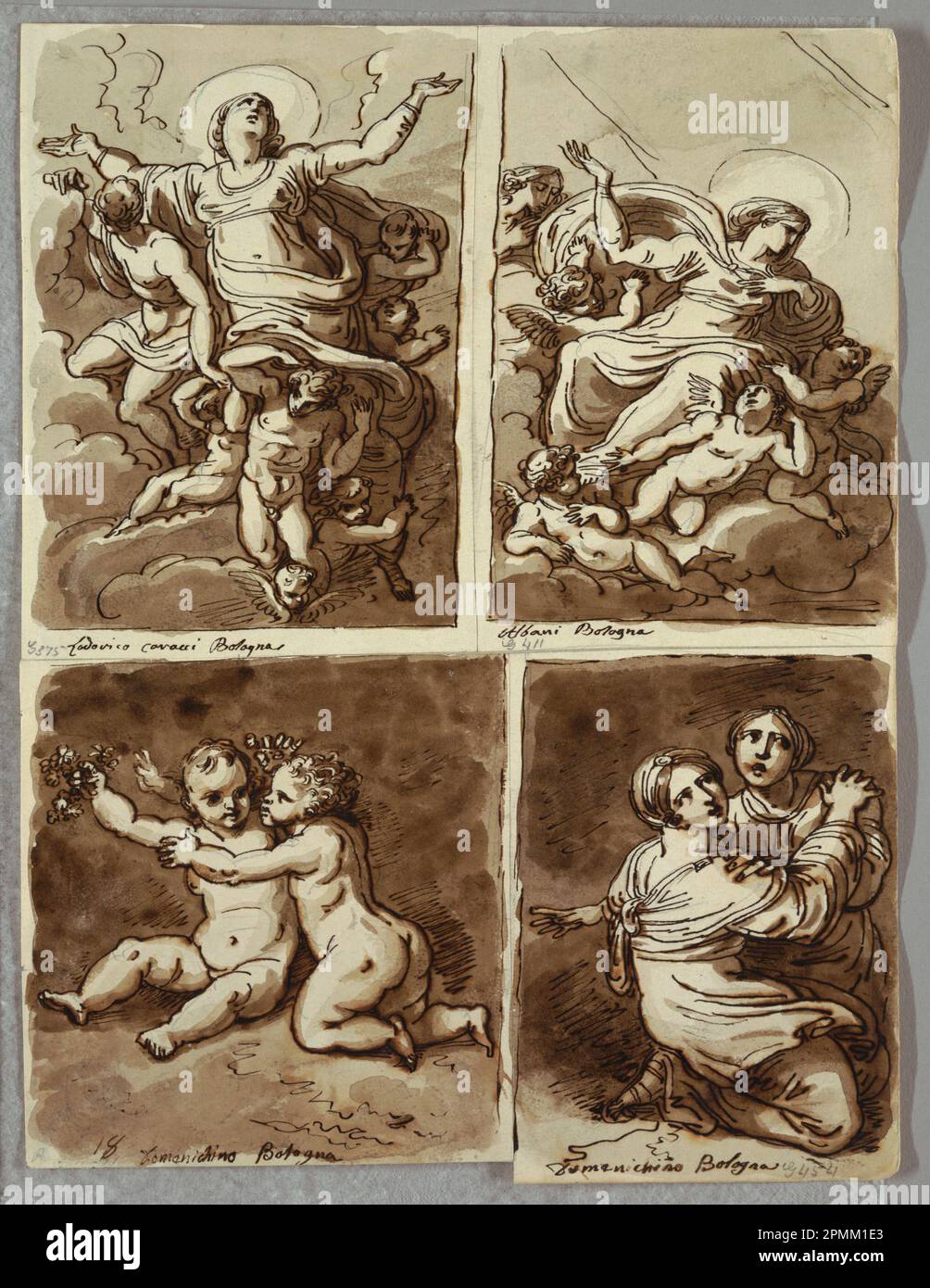 Zeichnung, Lunette mit St. Peter und St. Paul mit St. Matthew and the Prophet Isaiah, Studie nach Sebastiano del Piombo, 1821–22; entworfen von Felice Giani (Italienisch, 1758–1823); Italien; Stift und Tinte, Bürste und braunes Waschen, über schwarzer Kreide auf weißem gewebtem Papier; 30,6 x 22,7 cm (12 1/16 x 8 15/16 Zoll) Stockfoto