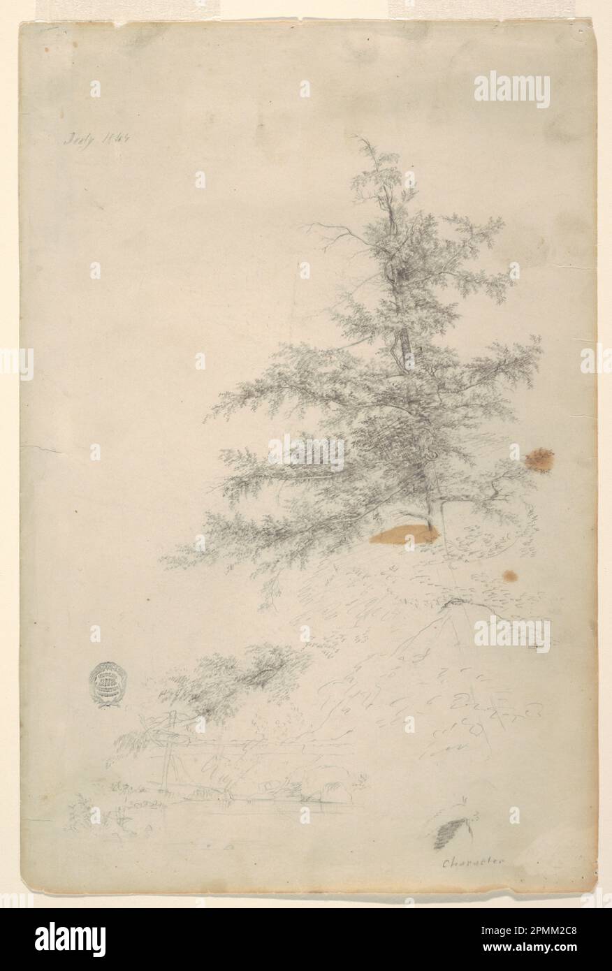 Zeichnen, Baum, Strom; Frederic Edwin Kirche (amerikanisch, 1826–1900); USA; schwarzer Stift auf Papier; Blatt: 38,8 x 25,7 cm (15 1/4 x 10 1/8 Zoll) Stockfoto