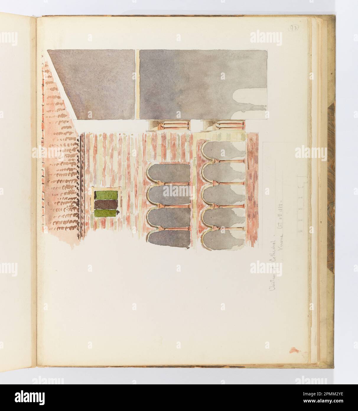 Album Page, Cloister of Cathedral, Verona; Whitney Warren Jr. (Amerikanisch, 1864–1943); Italien; Pinsel und Aquarell, Graphit auf strukturiertem, cremefarbenem gewebtem Papier, das mit Stoff gebunden ist; 24,9 x 32 cm (9 13/16 x 12 5/8 Zoll), unregelmäßig Stockfoto