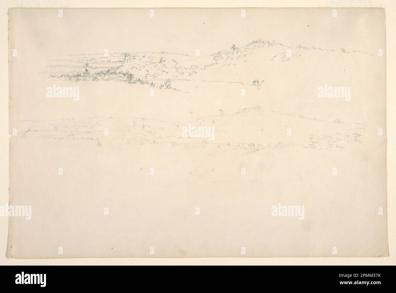 Zeichnung, ferne Ansicht eines bewaldeten Hügels; Frederic Edwin Church (amerikanisch, 1826–1900); USA; schwarzer Stift auf Papier; Blatt: 25,8 x 38,8 cm (10 3/16 x 15 1/4 Zoll) Stockfoto