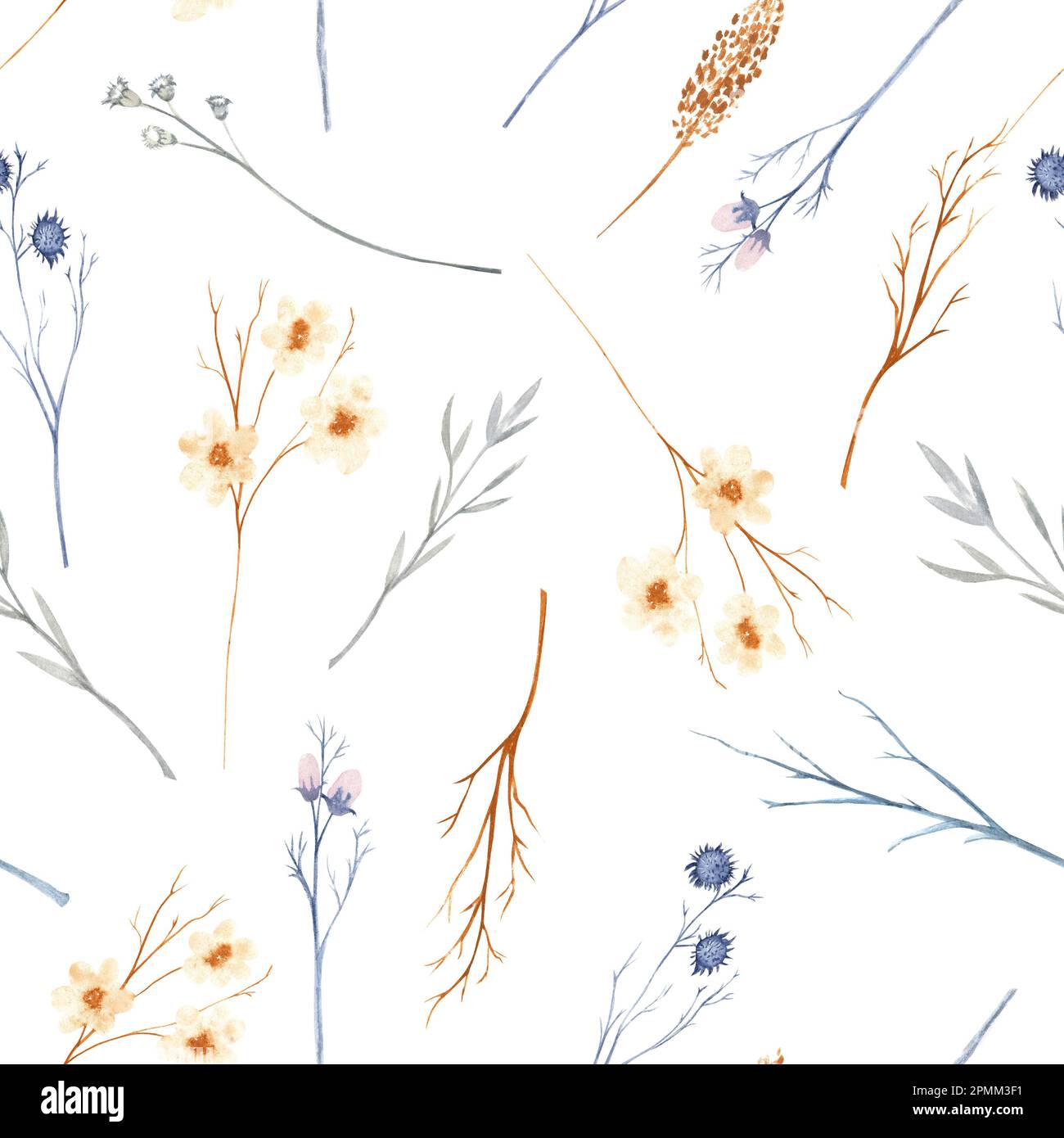 Nahtloses Muster mit wilden Blumen und Zweigen. Aquarelldarstellung Stockfoto