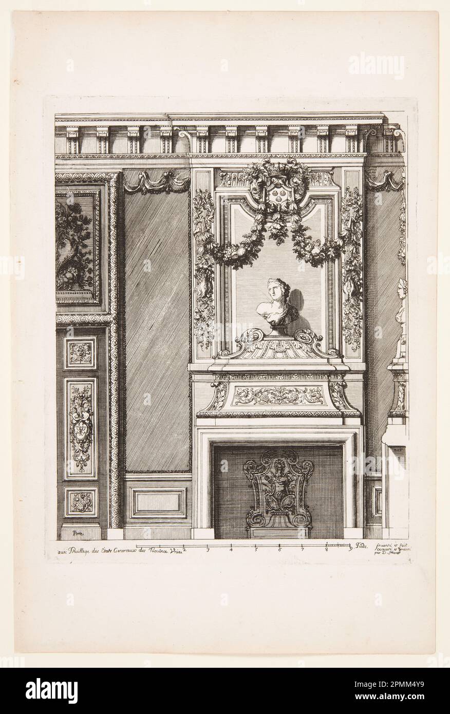 Print, De Voorst Palace, Treppe; Print Maker: Daniel Marot (Französisch, in den Niederlanden und England aktiv, 1661–1752); Niederlande; Ätzen und schwarze Tinte auf weißem Laienpapier; insgesamt: 33,7 x 22,3cm (13 1/4 x 8 3/4in.) Platemark: 24,7 x 19,7 cm (9 3/4 x 7 3/4 Zoll) Stockfoto