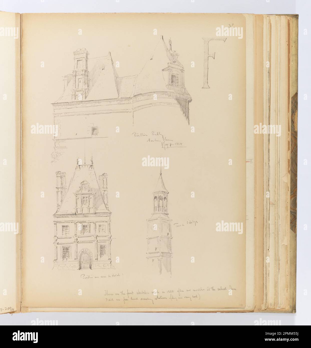 Album Page, Skizzen von Château de Fontainebleau; Whitney Warren Jr. (Amerikanisch, 1864–1943); Frankreich; Graphit auf cremefarbener Pappe, mit einer Bindung versehen; 31,4 x 24 cm (12 3/8 x 9 7/16 Zoll), unregelmäßig Stockfoto