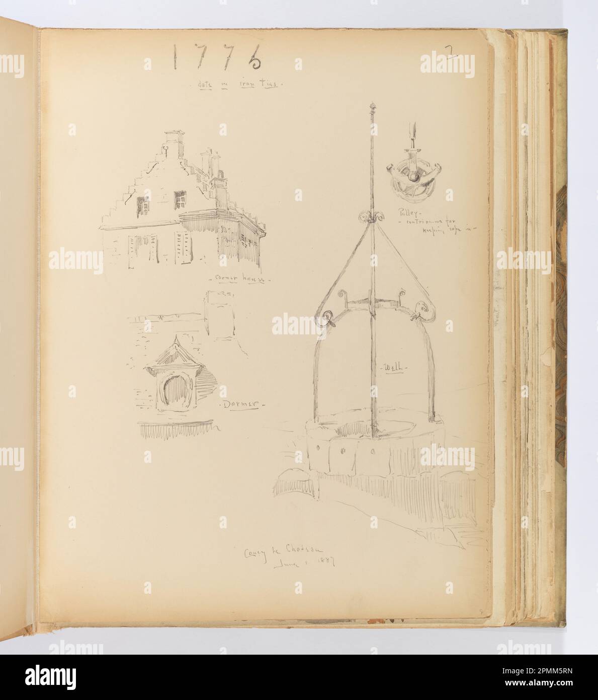 Album Page, Skizzen von Coucy-le-Château, Whitney Warren Jr. (Amerikanisch, 1864–1943); Frankreich; Graphit auf cremefarbenem gewebtem Papier, das mit Stoff gebunden ist; 31,5 x 24,7 cm (12 3/8 x 9 3/4 Zoll), unregelmäßig Stockfoto