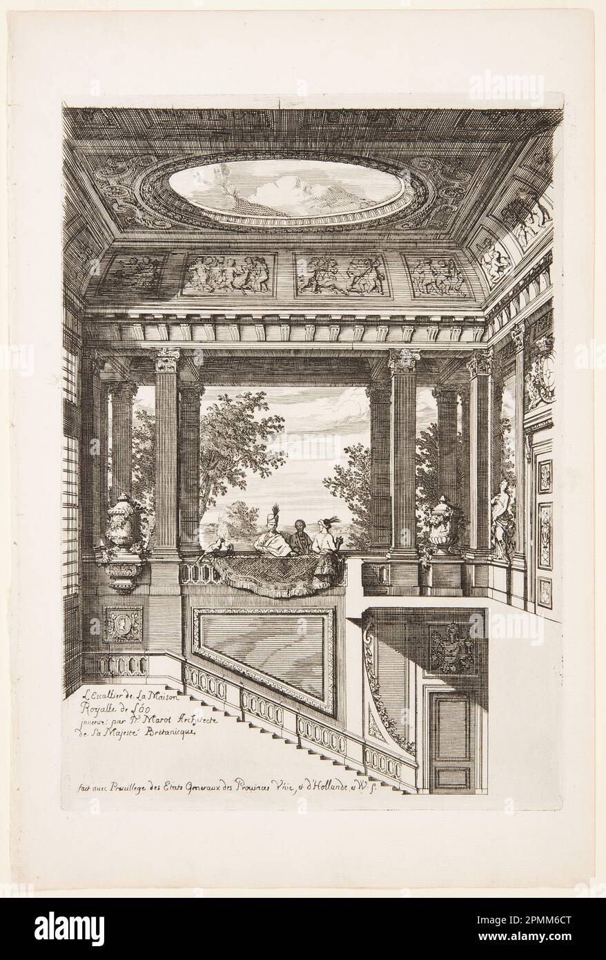 Print, Het Loo Palace, Treppenhaus; Daniel Marot (Französisch, in den Niederlanden und England aktiv, 1661–1752); Niederlande; Ätzen auf weißem Papier; Gesamt: 34 x 22,8cm (13 3/8 x 9in) Platemark/Repeat (Platemark/Repeat): 27,7 x 19,5cm (10 7/8 x 7 11/16in.) Matte (Matte): 35,6 x 45,7cm mm (14 x 18in Zoll) Stockfoto