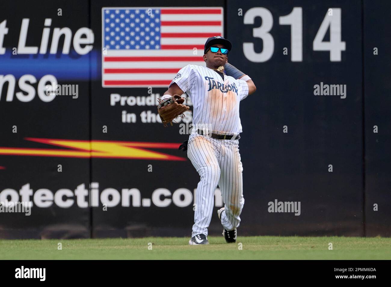 Tampa Tarpons outfielder Daury Arias (24) throwing during an MiLB Florida State League baseball
