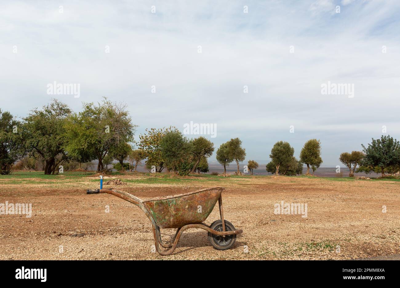 Schubkarre für den Transport von Baumaterial auf Baumhintergründen Stockfoto