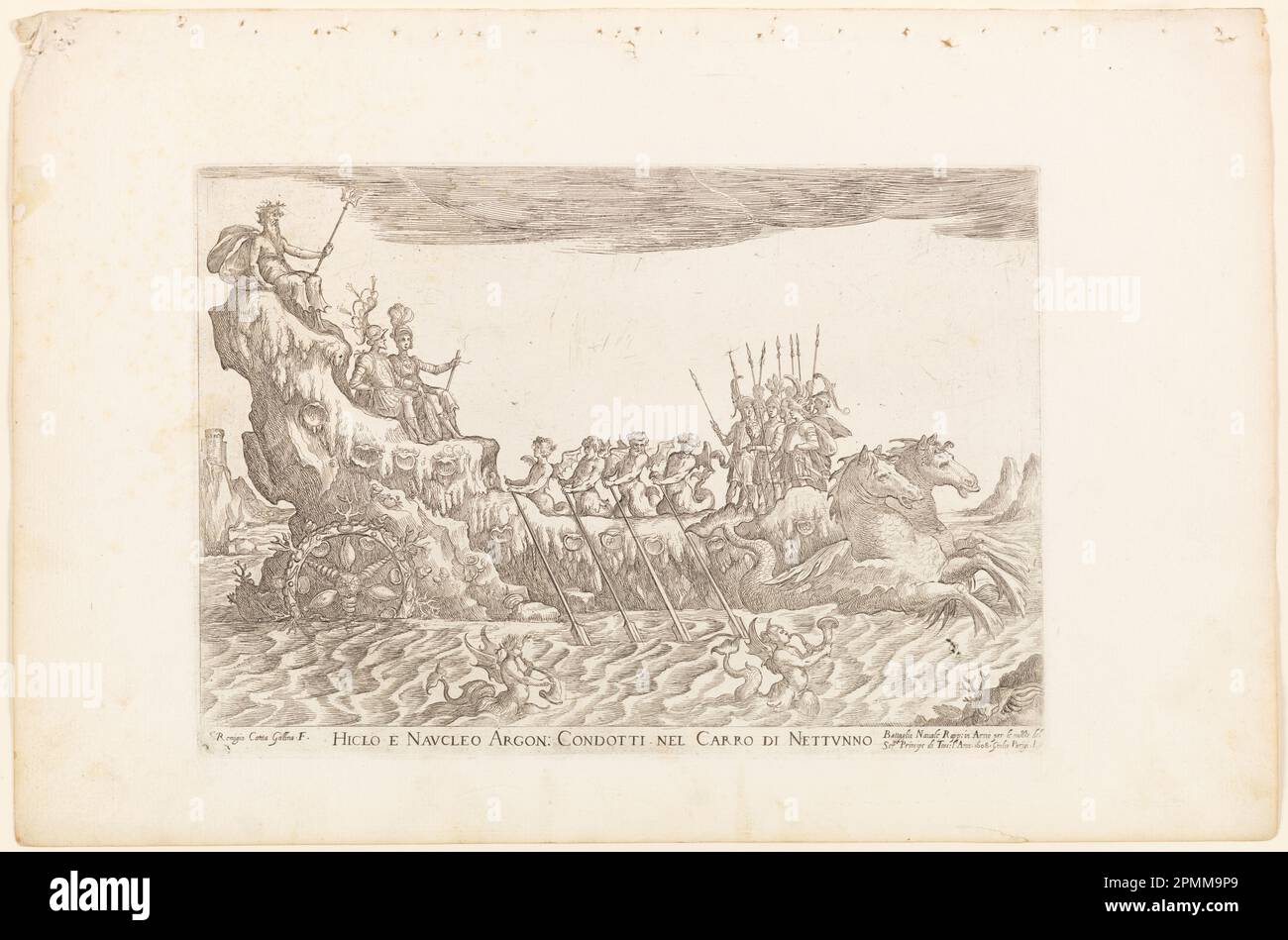 Druck, Hiclo e Naucleo Argon. condotti nel Carro di Nettuno, von Schiffen der Argonauten zur Hochzeitsfeier von Cosimo de' Medici im Jahr 1608, Platte 10; geätzt von Remigio Cantagallina (Italienisch, Ca. 1582–1656); nach Giulio Parigi (Italienisch, 1571–1635); Patron: Familie Medici, Cosimo II de' Medici (Italienisch, 1590–1621); Italien; Ätzen auf Laienpapier; 27 x 40,7 cm (10 5/8 Zoll X 16 Zoll) Platemark: 18,9 x 27,3 cm (7 7/16 x 10 3/4 Zoll) Stockfoto