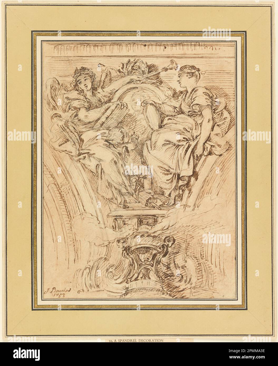 Zeichnen, Spandrel Dekoration: Fame und Wahrheit applaudieren Ludwig XV; Francois Boucher (Französisch, 1703-1770); Frankreich; schwarze Kreide, Stift und braune Tinte, Pinsel und hellrosa Waschmittel auf weißem Papier, gefüttert; 26,3 x 19,8 cm (10 3/8 x 7 13/16 Zoll) Rahmen: 34,5 x 27,9 cm (13 9/16 x 11 Zoll) Stockfoto