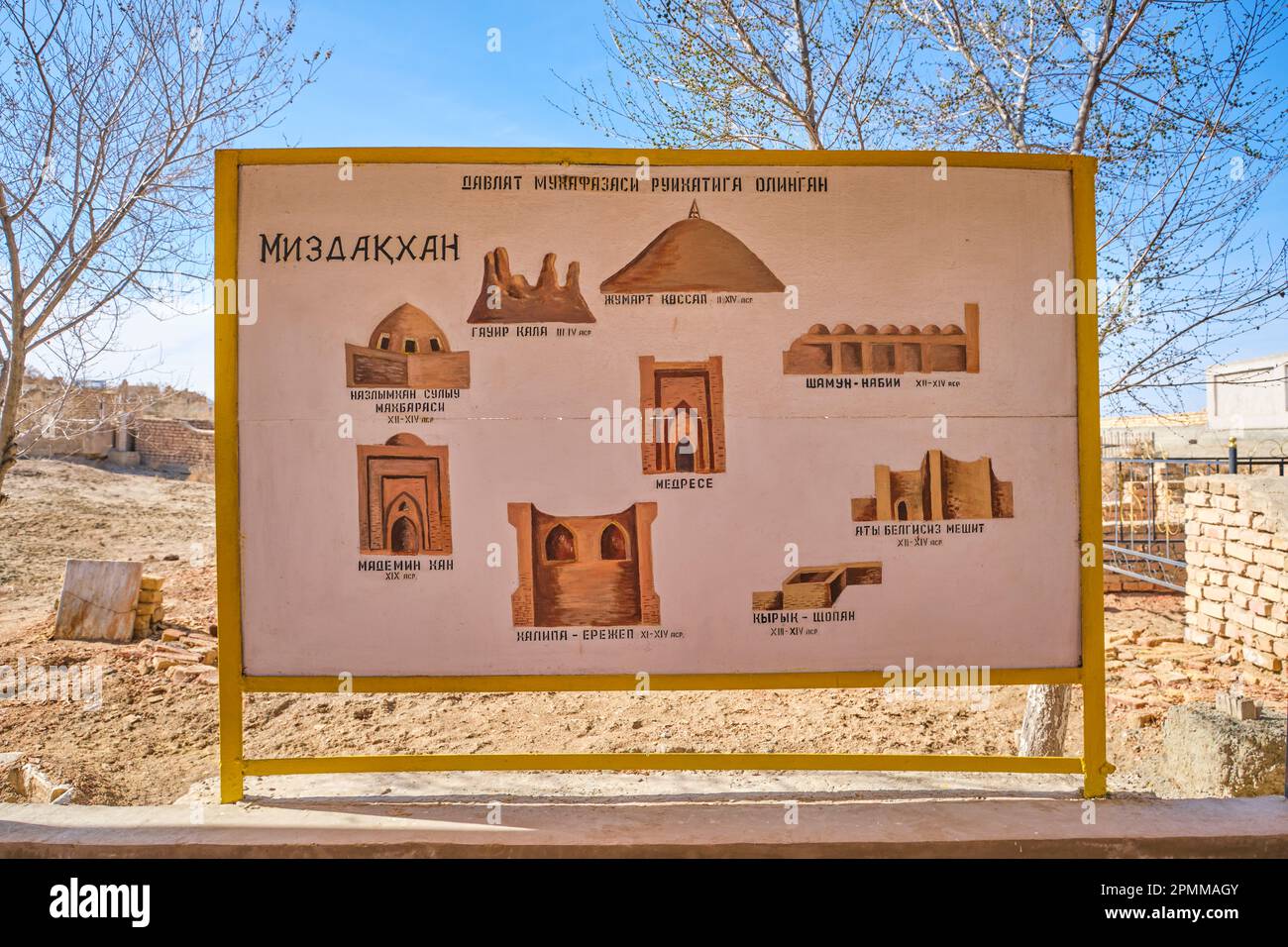 Ein handgemaltes Schild, eine Karte, ein Führer zu den Sehenswürdigkeiten, Höhepunkte der Anlage. In der Mizdakhan-Nekropole bei Nukus, Karakalpakstan, Usbekistan. Stockfoto