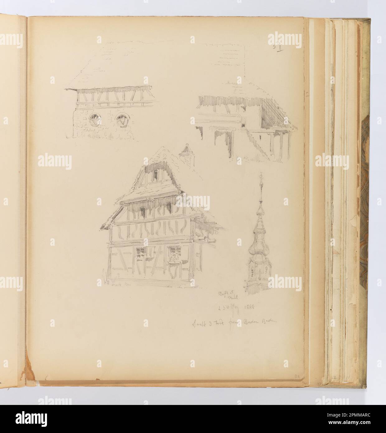 Album Page, Skizzen von Buhl; Whitney Warren Jr. (Amerikanisch, 1864–1943); Deutschland; Graphit auf cremefarbener Pappe, mit Stoff verbunden; 31,5 x 24 cm (12 3/8 x 9 7/16 Zoll), unregelmäßig Stockfoto