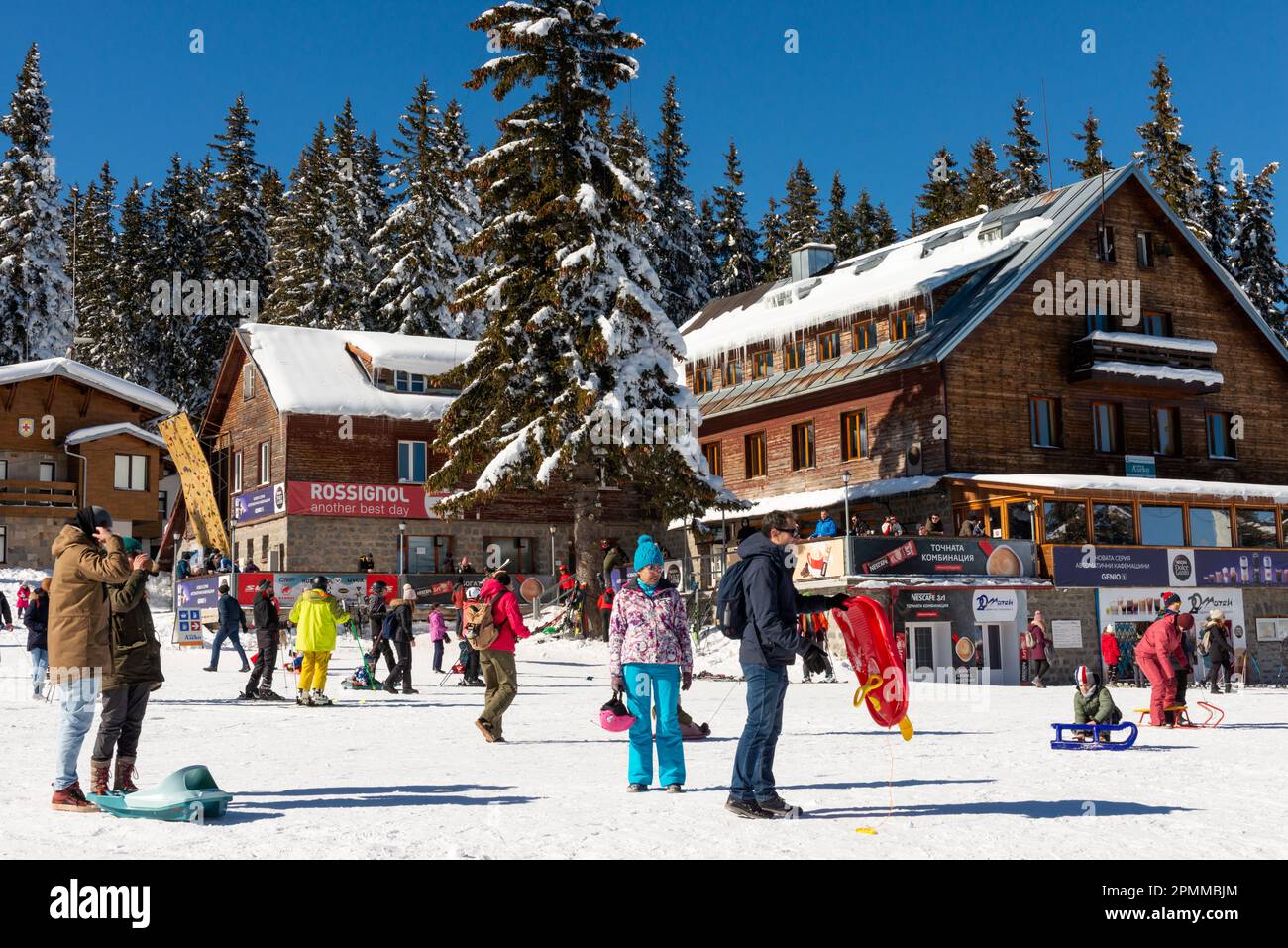 Menschen, Besucher und Skifahrer, genießen den sonnigen Wintertag im Aleko Hut in Vitosha über Sofia, Bulgarien, Osteuropa, Balkan, EU Stockfoto