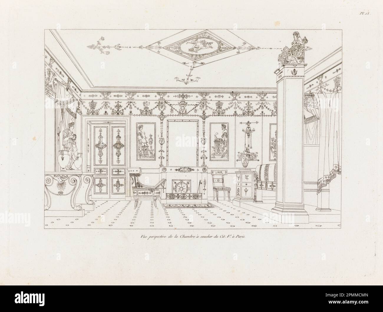 Print, Vue Perspective de la Chambre à Coucher du cit. V à Paris (perspektivischer Blick auf das Schlafzimmer der Stadt. V in Paris), Plate 13, in Recueil de décorations intérieures (Kollektion der Innendekorationen); entworfen von Charles Percier (Französisch, 1764-1838), Pierre-Francois-Léonard Fontaine (Französisch, 1762-1853); Frankreich; Ätzen, Gravur auf cremefarbenem Papier; 27,3 x 40 cm (10 3/4 x 15 3/4 Zoll); Platemark: 21,6 x 29,2 cm (8 1/2 x 11 1/2 Zoll) Stockfoto