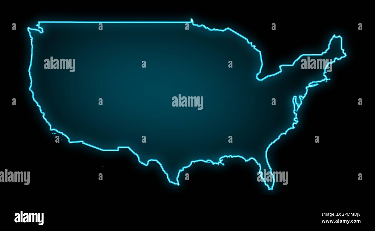 Karte der USA, leuchtender blauer Umriss auf schwarzem Hintergrund. Stockfoto