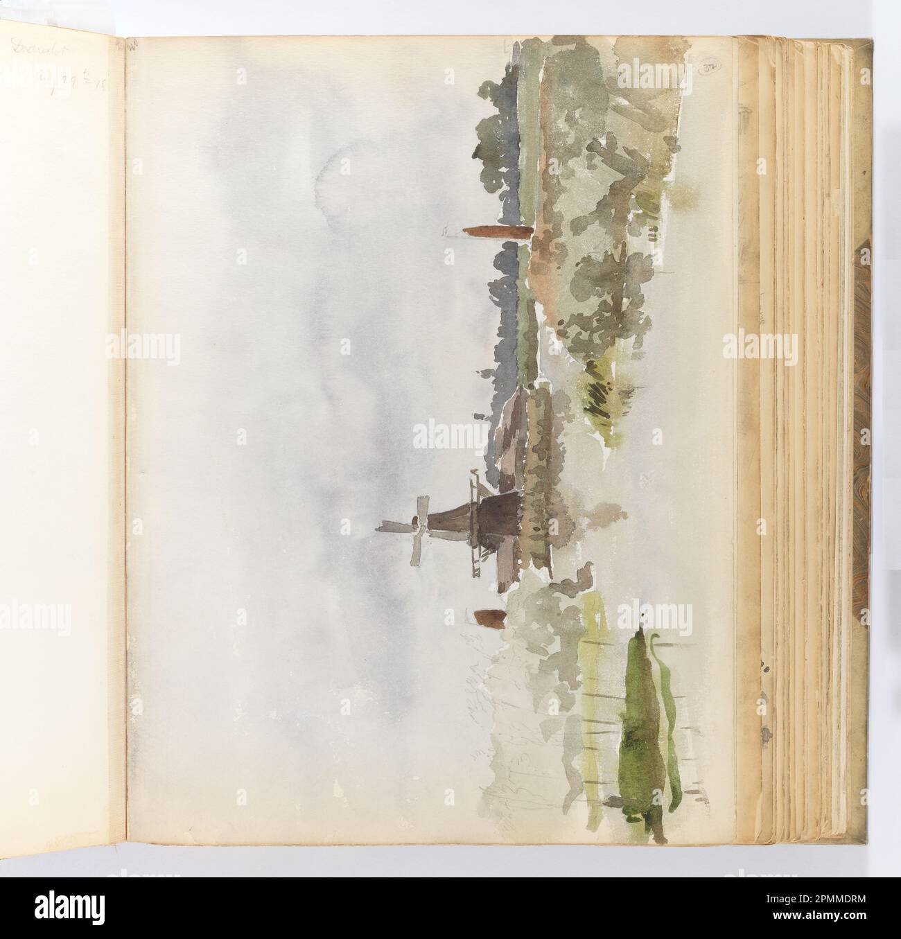 Album Page, Mill in a Sumshy Landscape; Whitney Warren Jr. (Amerikanisch, 1864–1943); USA; Pinsel und Aquarell, Graphit auf dickem, cremefarbenem gewebtem Papier, das mit Stoff verbunden ist; 32 x 24,2 cm (12 5/8 x 9 1/2 Zoll), unregelmäßig Stockfoto