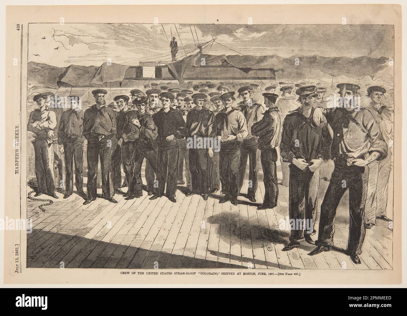 Print, Crew der USA Steam-Sloop "Colorado", versandt in Boston, 1861. Juni, von Harper's Weekly, 13. Juli 1861, S. 439.; Winslow Homer (amerikanisch, 1836–1910); USA; Holzgravierung in schwarzer Tinte auf Zeitungsdruckpapier; Gesamt: 26,6 x 37,9 cm (10 1/2 x 14 15/16 Zoll) Stockfoto