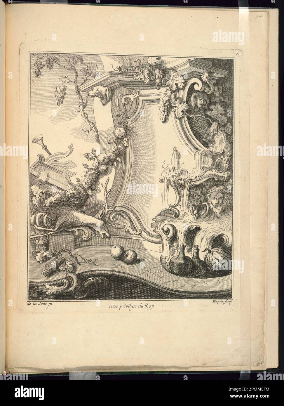 Print, Design for a Cartouche; entworfen von Jacques de Lajoüe (Französisch, 1687–1761); graviert von Gabriel Huquier (Französisch, 1695–1772); Frankreich; Gravur auf weißem Laienpapier; Platemark: 24,3 x 21 cm (9 9/16 x 8 1/4 Zoll) Blatt: 32,8 x 23,9 cm (12 15/16 x 9 7/16 Zoll) Stockfoto