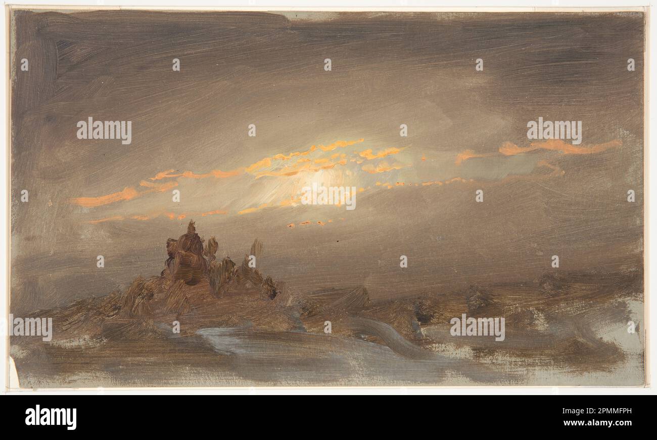 Zeichnen, Winterlandschaft bei Moonlight; Frederic Edwin Church (amerikanisch, 1826–1900); USA; Pinsel- und Ölfarbe auf Pappe; 16,9 x 28,3 cm (6 5/8 x 11 1/8 Zoll) Stockfoto