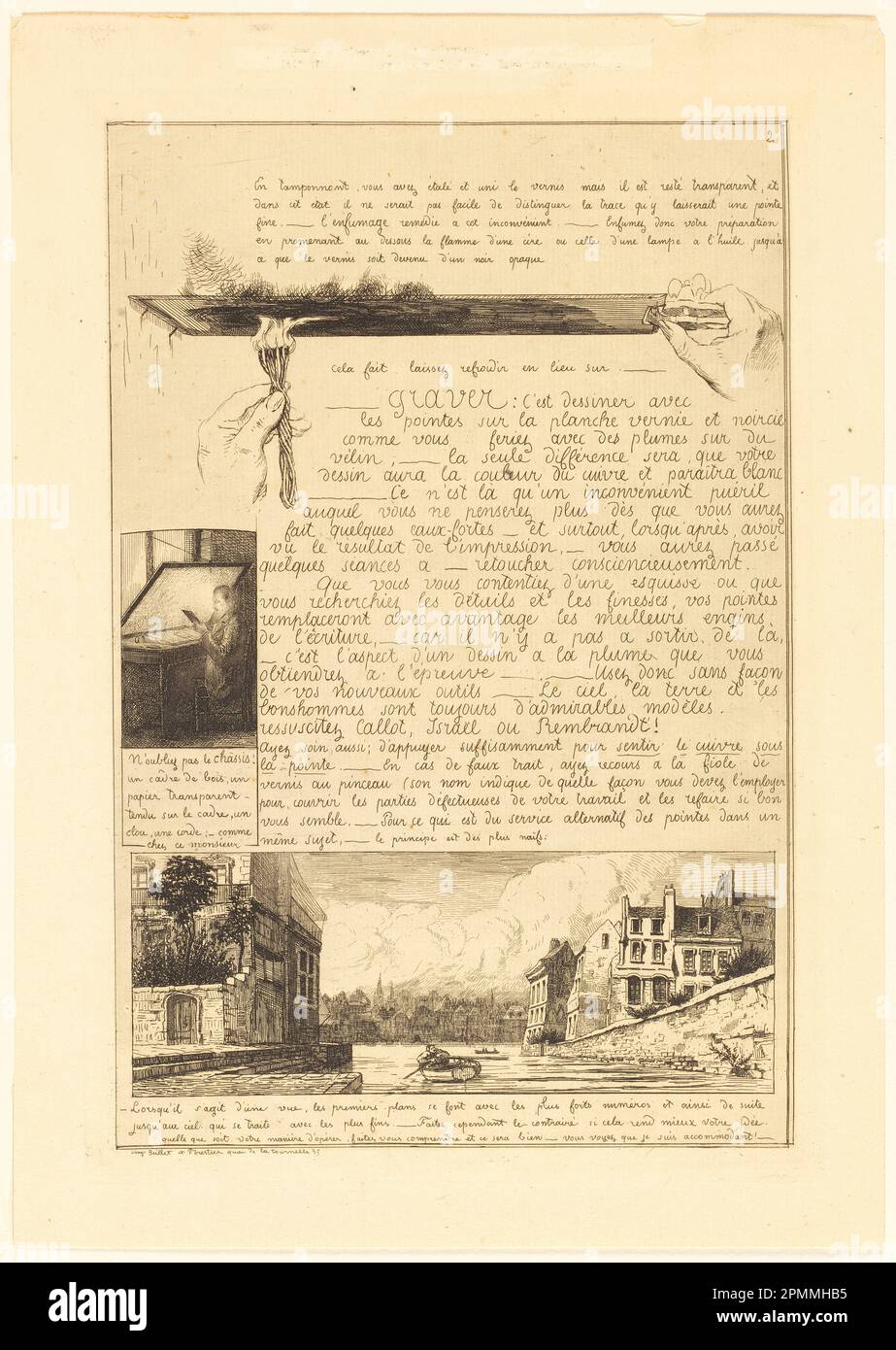 Printwerbung, Lettre sur les Eléments de la Gravure á l'Eauforte (Letter on the Elements of Etching), Seite 2, 1860-1864; Frankreich; Ätzen auf Papier; Platte: 29,3 x 20 cm (11 9/16 x 7 7/8 Zoll) Papier: 32,8 x 23,2 cm (12 15/16 x 9 1/8 Zoll) Stockfoto