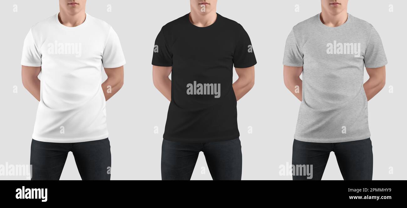 Weiß, schwarz, meliertes T-Shirt-Modell eines Mannes mit Händen hinter dem Rücken, stilvolle Kleidung für Design, Branding, Frontansicht. Bekleidungsset für Handel, Werbung. Stockfoto