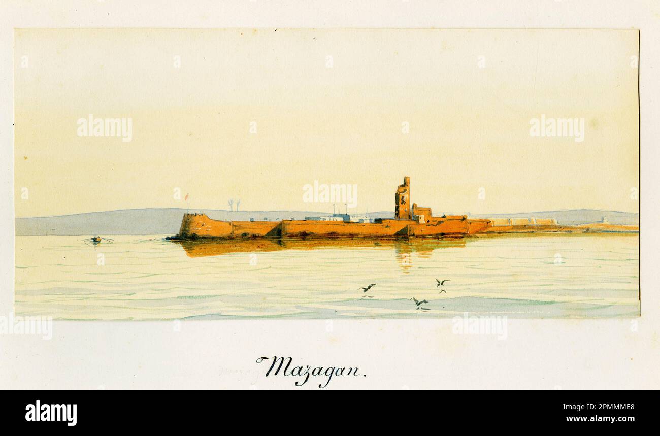 Vue des Fortifications de Mazagan, dans la ville actuelle de El Jadida ( Maroc). Gouache du Lieutenant de vaisseau J.C. Raoul, embarqué dans la corvette Le Newton, sous le commandement du capitaine de frégate Simonet De Maisonneuve, offert en 1852 à Théodore Ducos ( 1801-1855), ministre de la Marine et des Colonies de 1851 à 1855. Stockfoto