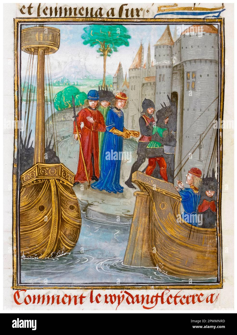Richard Löwenherz, König Richard I. von England (1157-1199), landet in Palermo, Sizilien, beleuchtete Manuskriptmalerei von einem Assistenten des Masters des flämischen Boethius, 1479-1480 Stockfoto