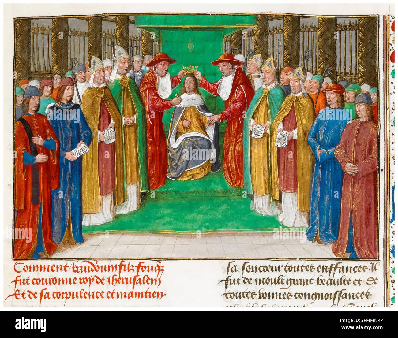 Krönung von Baldwin III (1129-1163), König von Jerusalem (1143-1163), Miniatur-beleuchtetes Manuskript-Gemälde des Meisters des flämischen Boethius, 1479-1480 Stockfoto