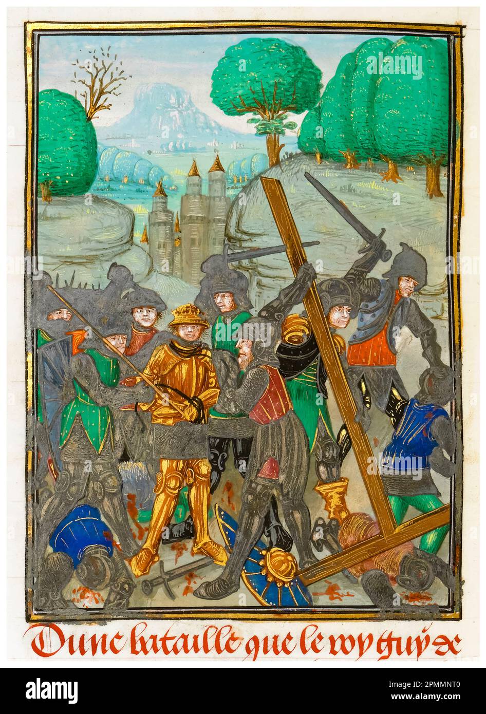 Kreuzzüge: Die Niederlage von Guy of Lusignan (ca. 1150-1194) durch Saladin in der Schlacht von Hattin am 4. Juli 1187 und der Verlust des Kreuzes, Miniatur-beleuchtetes Manuskript von Meister des flämischen Boethius, 1479-1480 Stockfoto