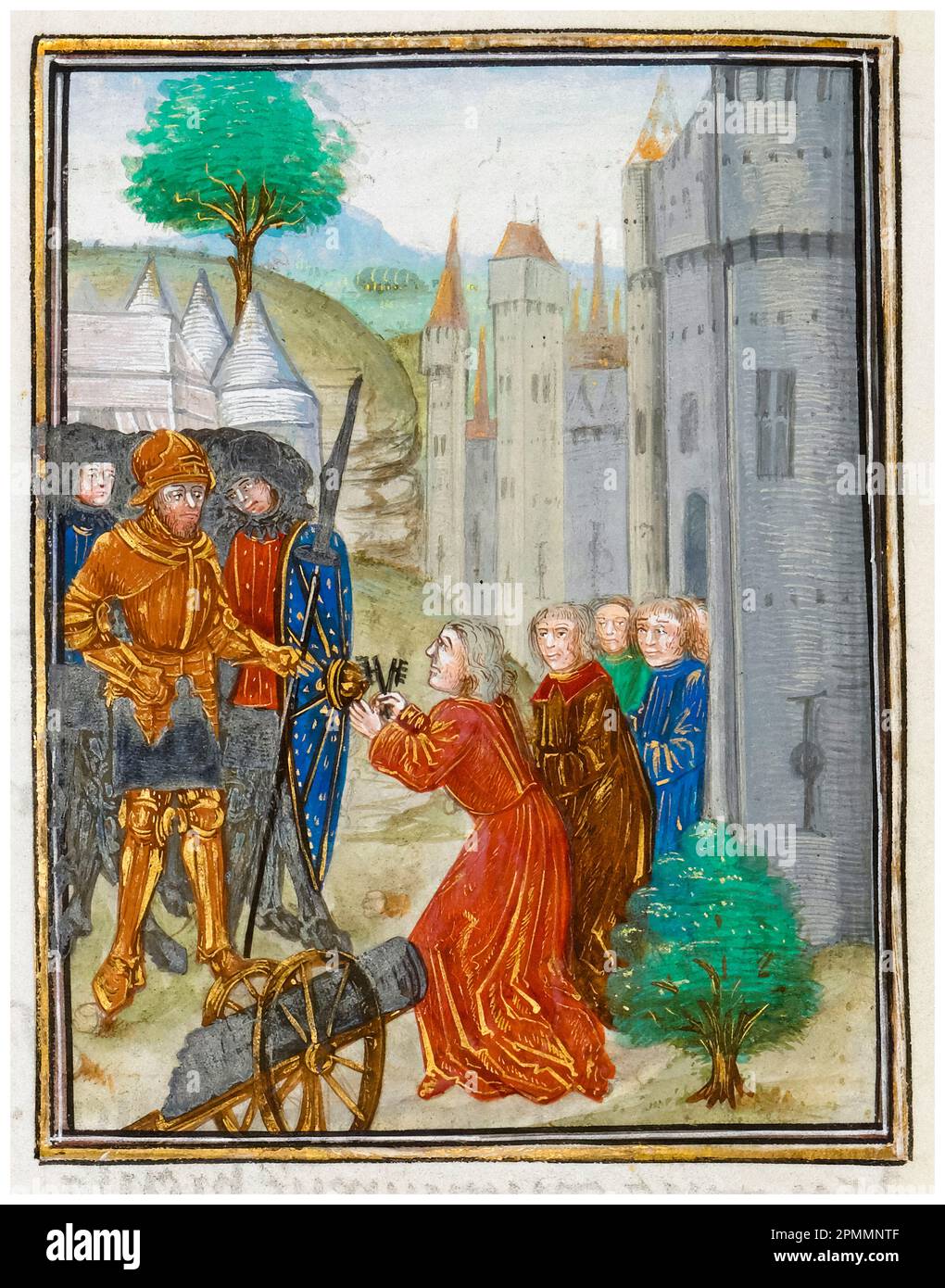 Kreuzzüge: Die Übergabe von Aleppo an die Türken, beleuchtete Miniatur-Manuskript-Malerei eines Assistenten des Meisters des flämischen Boethius, Illustration aus Wilhelm von Tyres Überseegeschichte aus dem 1479-1480 15. Jahrhundert Stockfoto