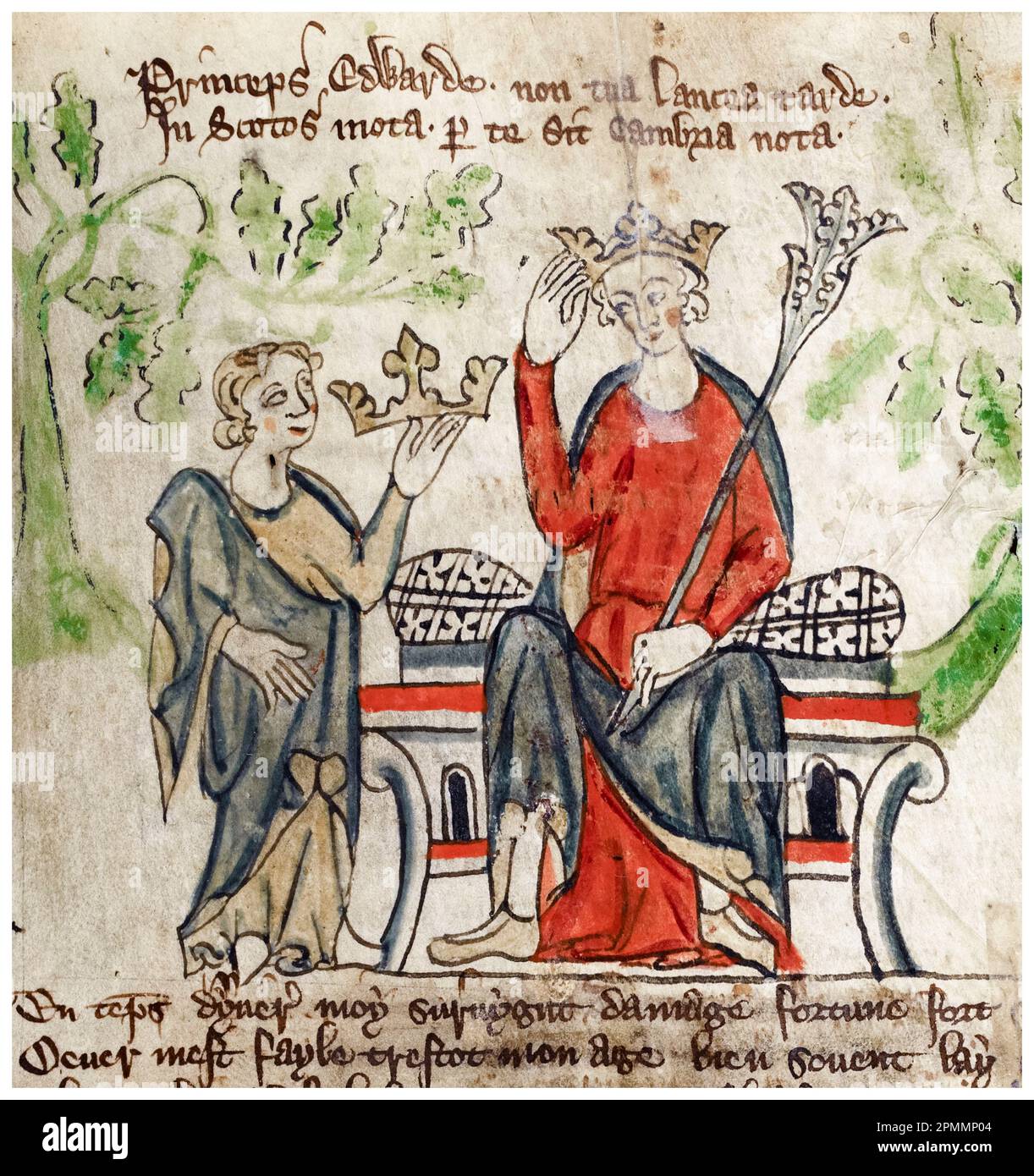 Krönung von Edward II. Von England (1284-1327), auch Edward von Caernarfon genannt, König von England (1307-1327), beleuchtetes Manuskript von Peter von Langtoft, 1307-1327 Stockfoto