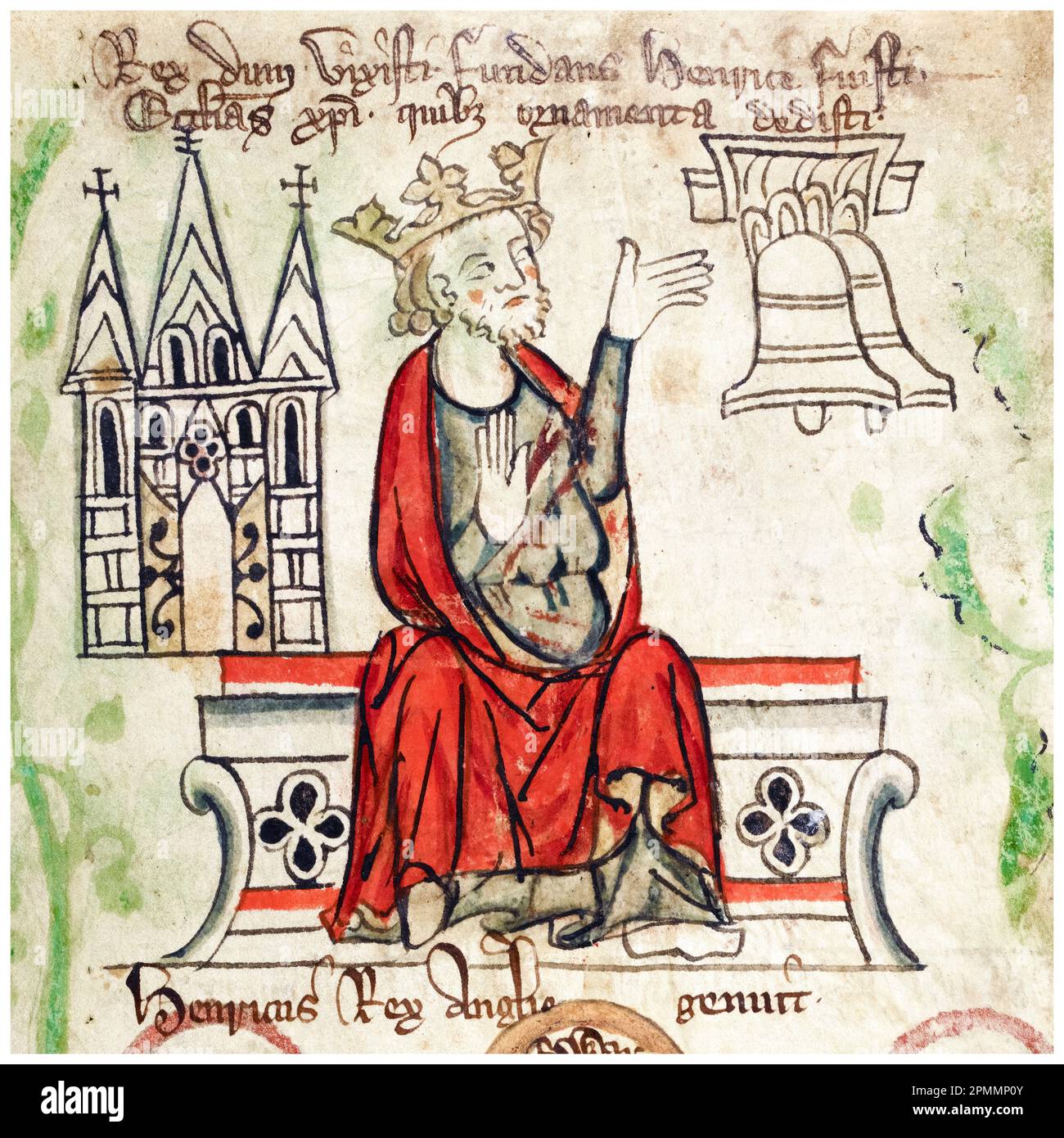 Heinrich III. Von England (1207-1272), auch bekannt als Henry von Winchester, König von England (1216-1272) mit einer Fassade der Westminster Abbey, beleuchtetes Manuskript Porträtgemälde von Peter von Langtoft, 1307-1327 Stockfoto
