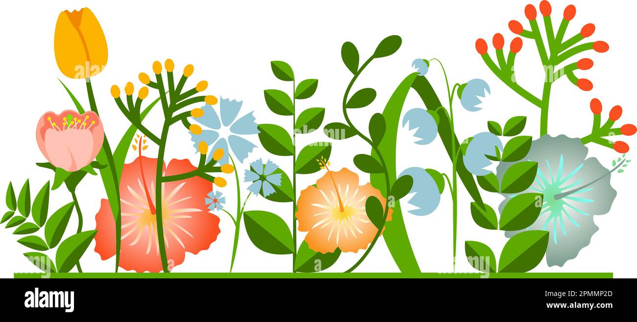 Dekorativer Rahmen aus verschiedenen Sommer- und Frühlingsgärten mit Blumen und Blättern Stock Vektor