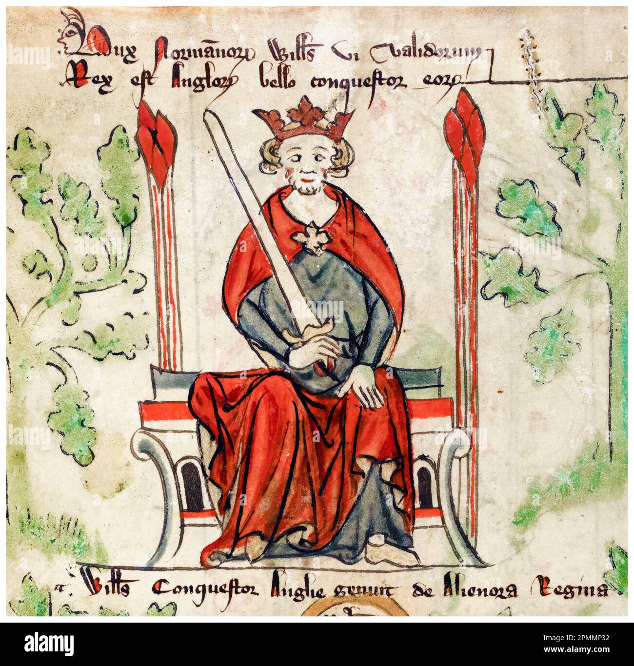 Wilhelm der Eroberer, Wilhelm I. von England (ca. 1028-1087), erster Norman, König von England (1066-1087), beleuchtetes Manuskript-Porträtgemälde von Peter von Langtoft, 1307-1327 Stockfoto