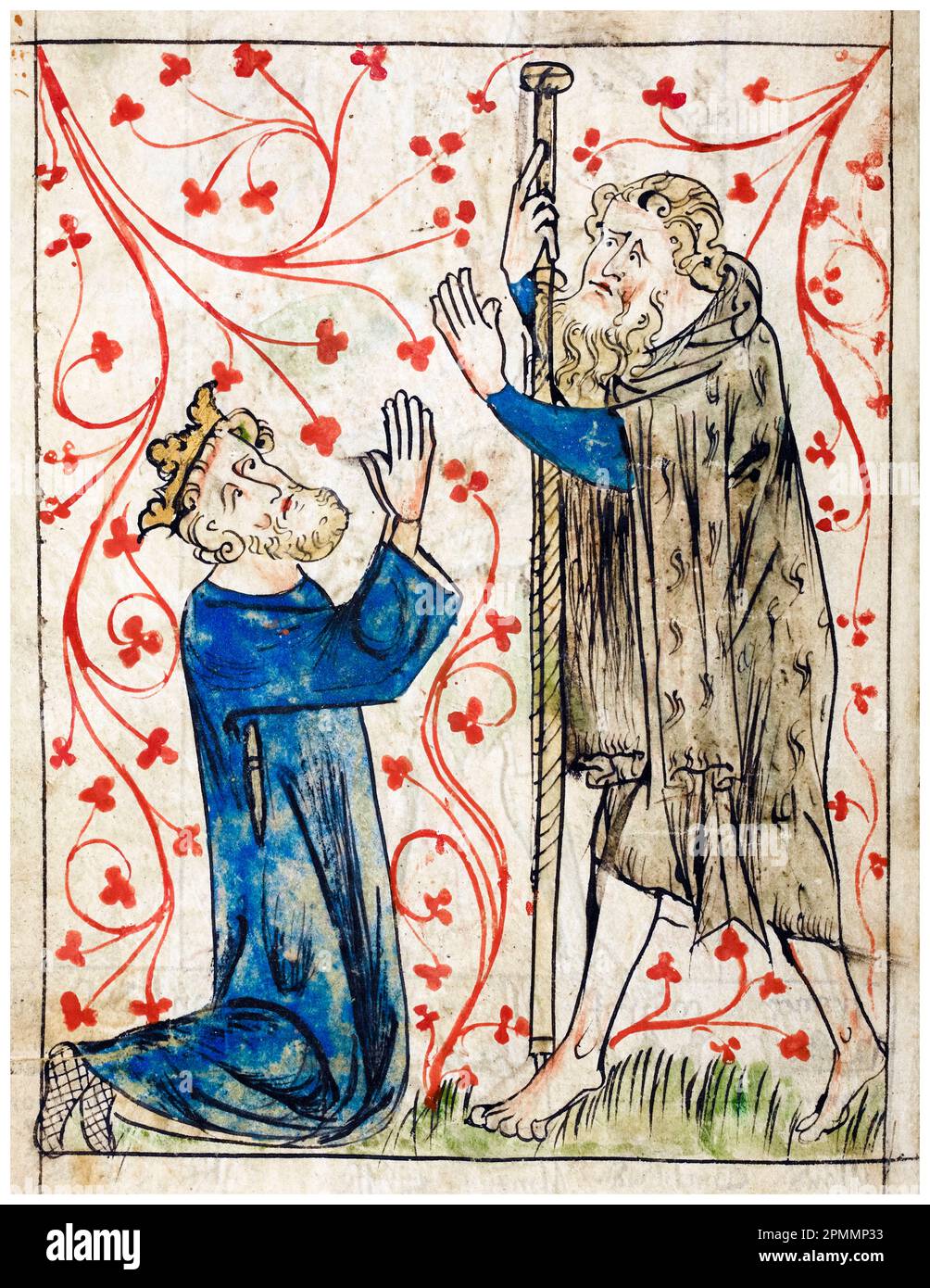 Aethelstan (Athelstan, ca. 894-939), König von England (927-939), kniend vor Guy of Warwick, beleuchtetes Manuskript von Peter von Langtoft, 1307-1327 Stockfoto