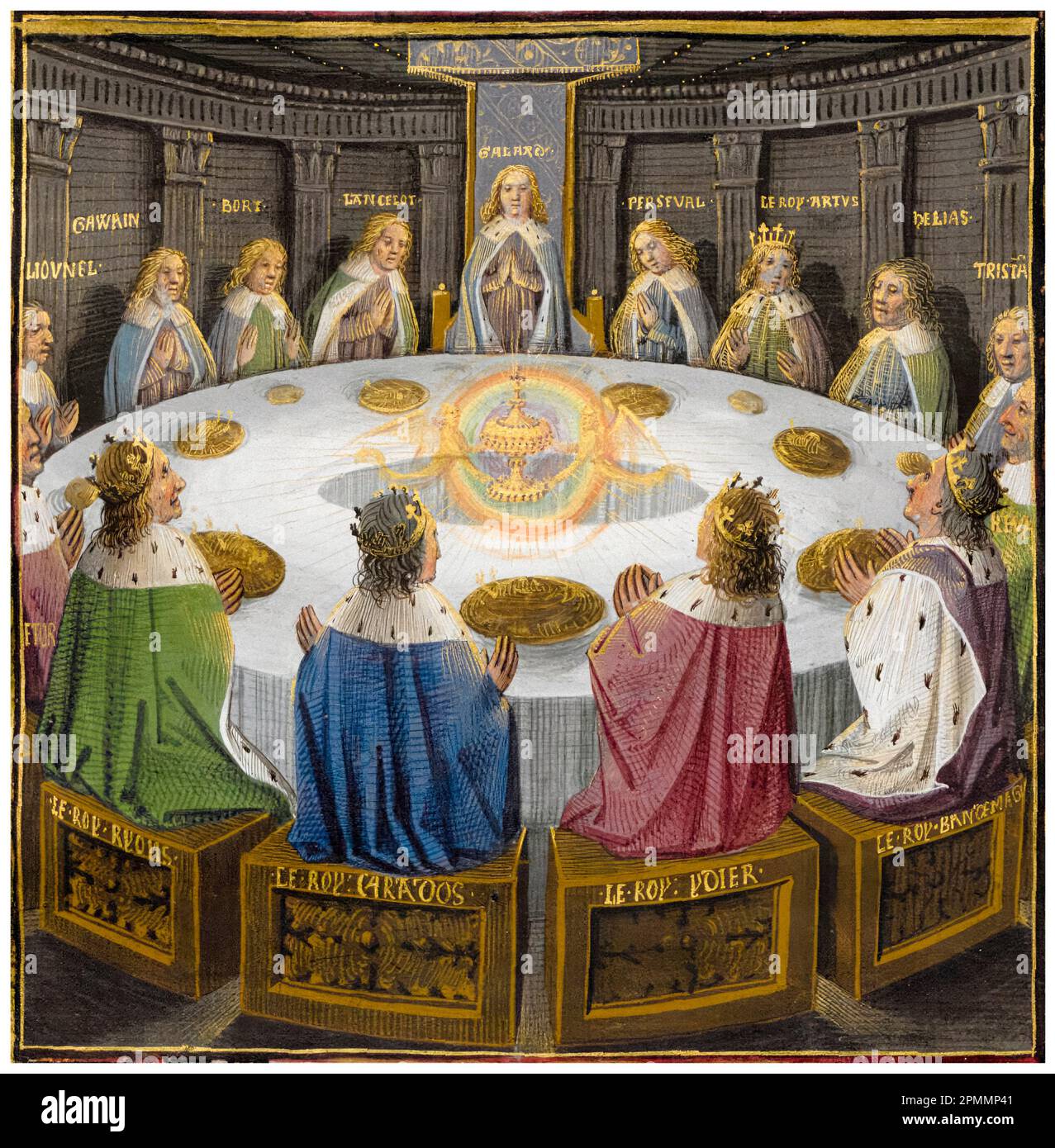 Der Heilige Gral erscheint König Artus und den Rittern der Tafelrunde, beleuchtetes Manuskript von Evrard d'Espinques, etwa 1475 Stockfoto