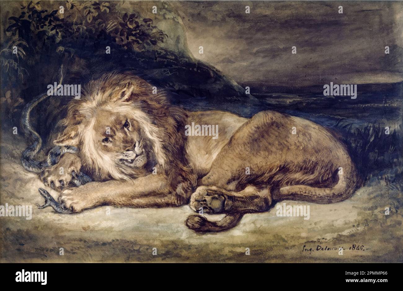 Eugene Delacroix, Löwe und Schlange, Aquarellmalerei, 1846 Stockfoto