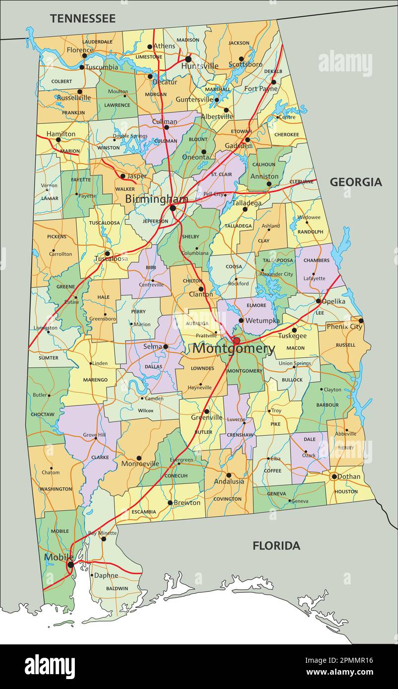 Alabama - sehr detaillierte, bearbeitbare politische Karte mit Beschriftung. Stock Vektor