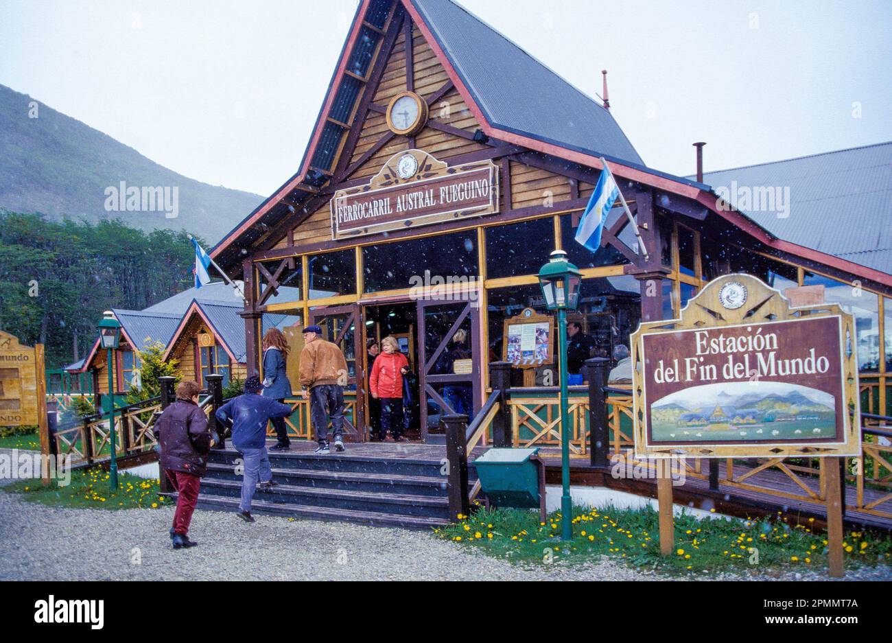 Argentinien, Tierra del Fuego. Bahnhof der 'Fin del Mundo'-Bahn. Stockfoto