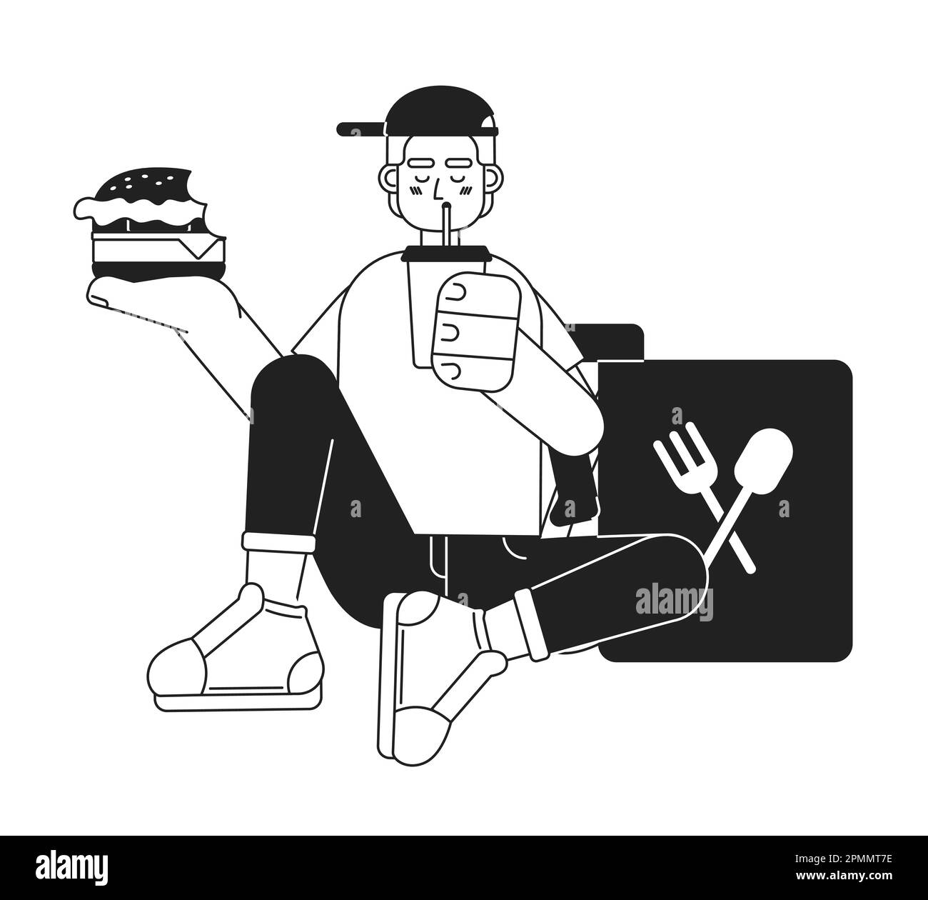 Essenslieferung Teenager-Arbeiter isst Cheeseburger, trinkt monochromatische flache Vektorfigur Stock Vektor