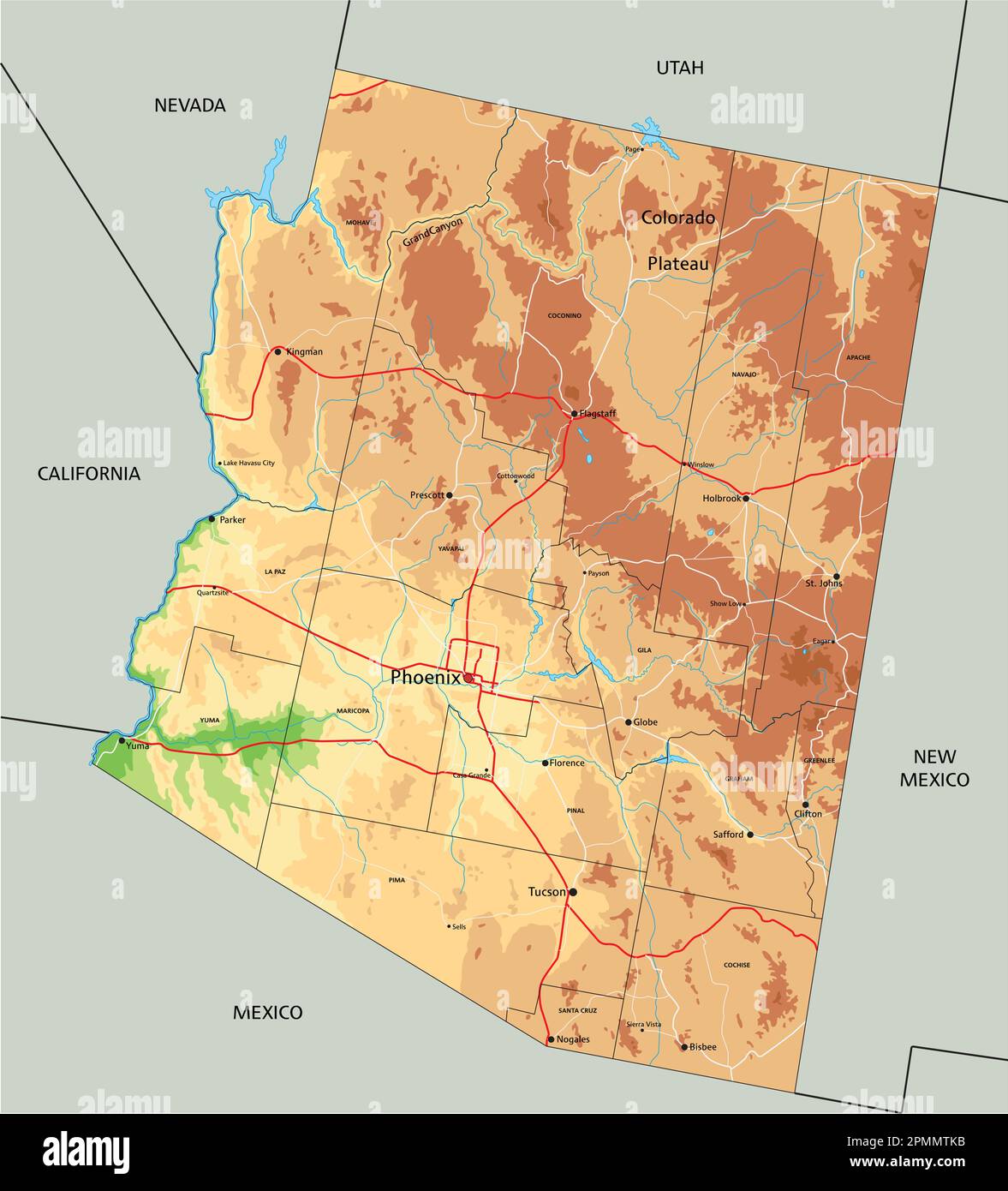 Hochdetaillierte physikalische Karte von Arizona mit Beschriftung. Stock Vektor